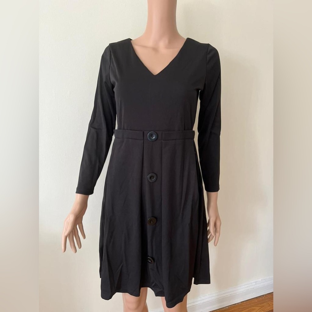 New Women’s Black Vintage Retro Style Button Long Sleeve V Neck Party Dress, S